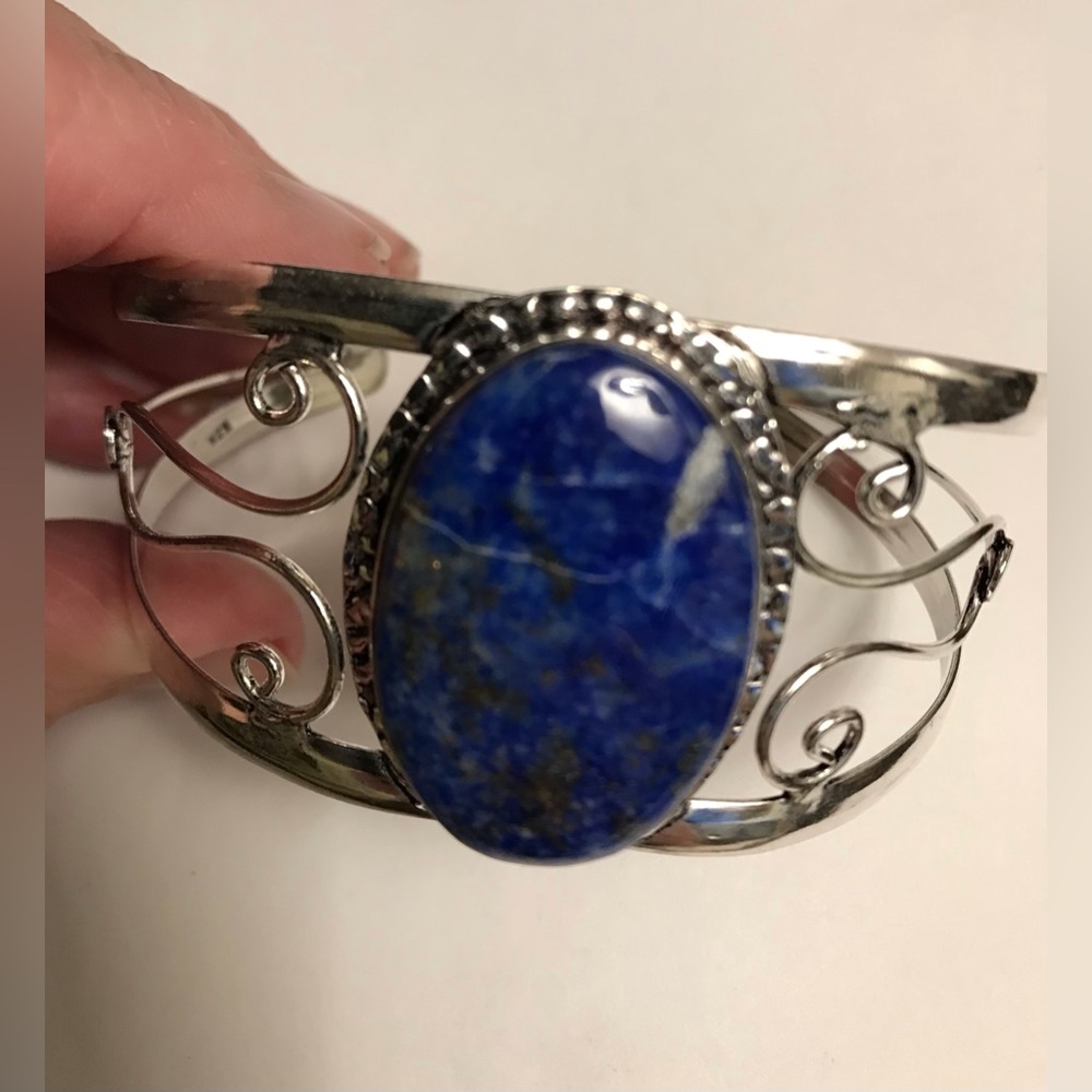 Lapis Lazuli Stamped 925 Sterling Silver Cuff Bracelet